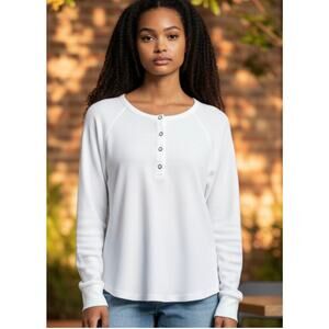 Bobi Los Angeles White Waffle Knit Henley Long Sleeve Top Size M NWT